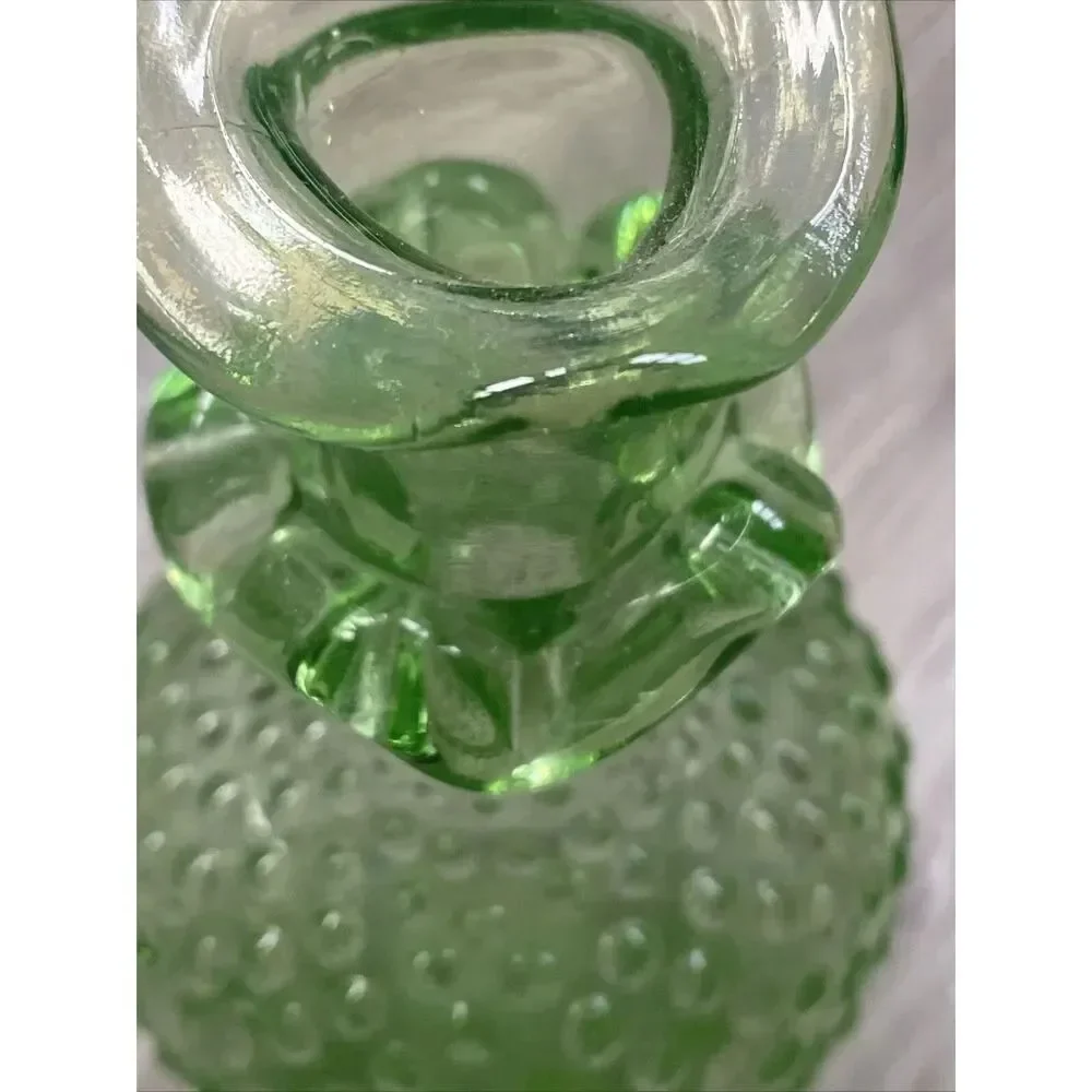Vintage Green Hobnail Glass Bud Vase Applied Ruffle 4.5